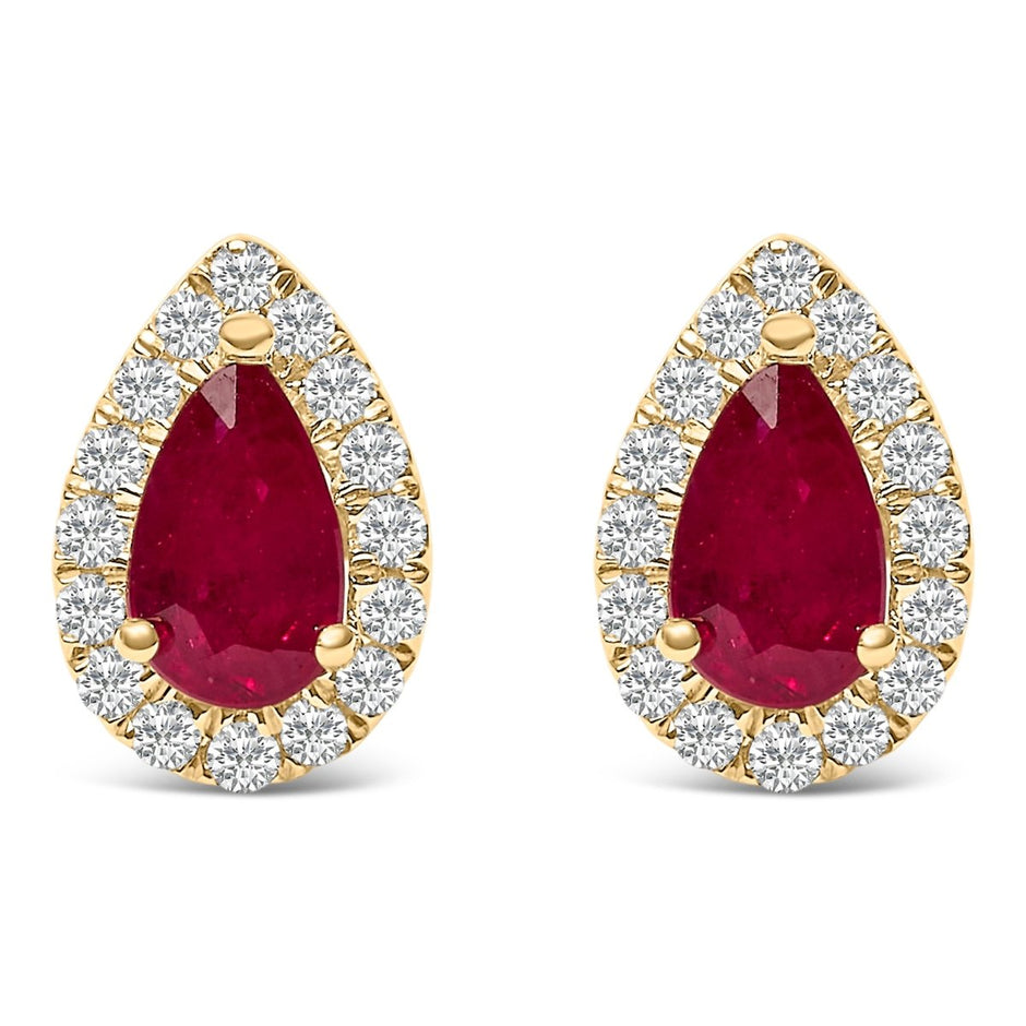 10K Yellow Gold 5X3 MM Pear-Cut Ruby and 1/7 Cttw Diamond Halo Stud Earrings (I-J Color, I1-I2 Clarity) - Earrings - Custom Crafting Alliance, LLC