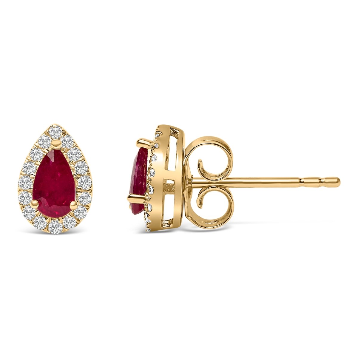 10K Yellow Gold 5X3 MM Pear-Cut Ruby and 1/7 Cttw Diamond Halo Stud Earrings (I-J Color, I1-I2 Clarity) - Earrings - Custom Crafting Alliance, LLC