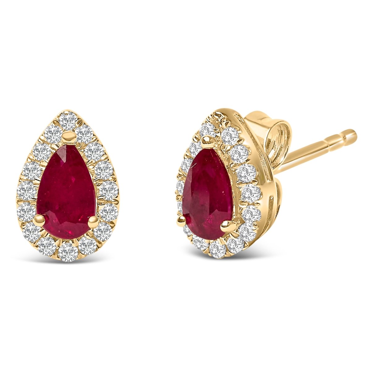 10K Yellow Gold 5X3 MM Pear-Cut Ruby and 1/7 Cttw Diamond Halo Stud Earrings (I-J Color, I1-I2 Clarity) - Earrings - Custom Crafting Alliance, LLC
