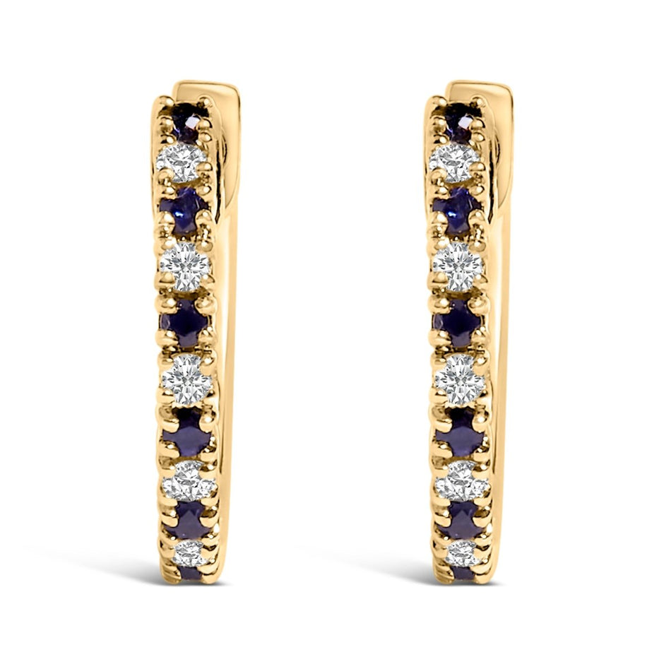 10K Yellow Gold Alternating Blue Sapphire 1/10 Cttw Diamond Huggy Hoop Earrings (I-J Color, I1-I2 Clarity) - Earrings - Custom Crafting Alliance, LLC