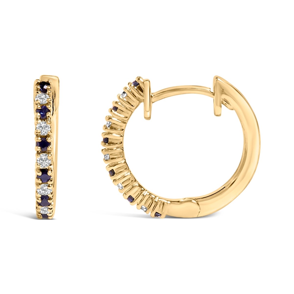 10K Yellow Gold Alternating Blue Sapphire 1/10 Cttw Diamond Huggy Hoop Earrings (I-J Color, I1-I2 Clarity) - Earrings - Custom Crafting Alliance, LLC