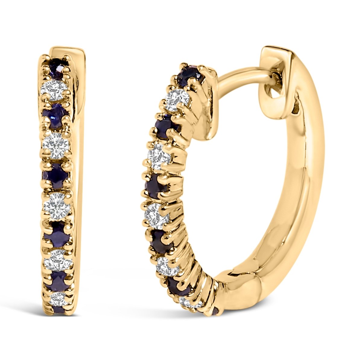 10K Yellow Gold Alternating Blue Sapphire 1/10 Cttw Diamond Huggy Hoop Earrings (I-J Color, I1-I2 Clarity) - Earrings - Custom Crafting Alliance, LLC