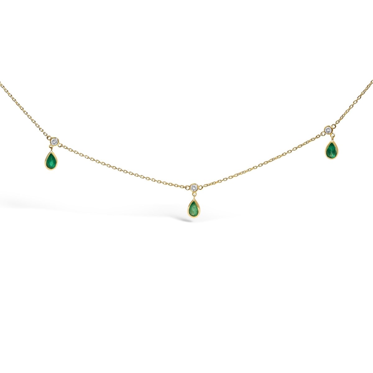 10K Yellow Gold Dangling 5x3 mm Green Emerald and Diamond Station Necklace - 18