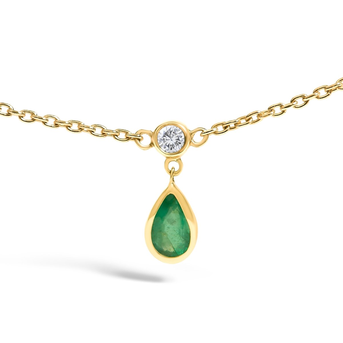 10K Yellow Gold Dangling 5x3 mm Green Emerald and Diamond Station Necklace - 18