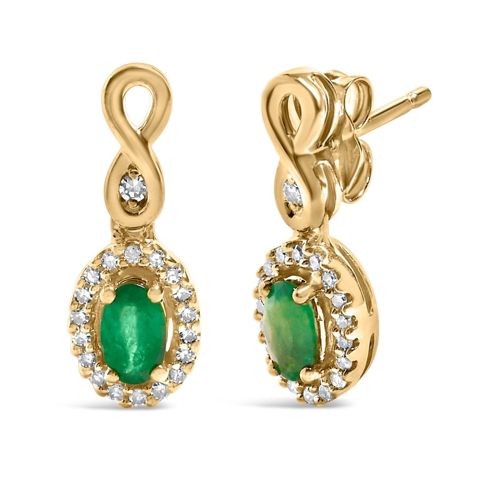 10K Yellow Gold Oval Cut Green Emerald 5x3 mm and 1/7 Cttw Round Diamond Dangle Earrings - Earrings - Custom Crafting Alliance, LLC