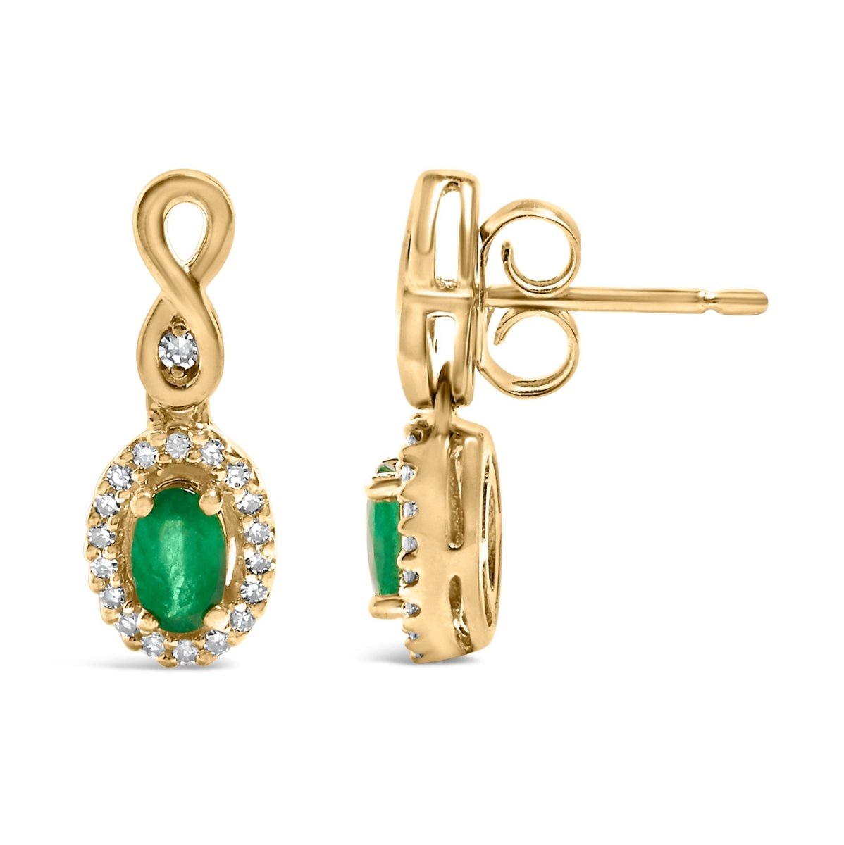 10K Yellow Gold Oval Cut Green Emerald 5x3 mm and 1/7 Cttw Round Diamond Dangle Earrings - Earrings - Custom Crafting Alliance, LLC