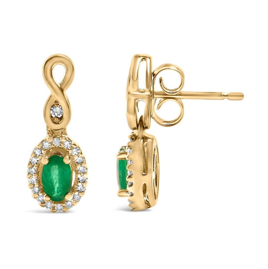 10K Yellow Gold Oval Cut Green Emerald 5x3 mm and 1/7 Cttw Round Diamond Dangle Earrings - Earrings - Custom Crafting Alliance, LLC