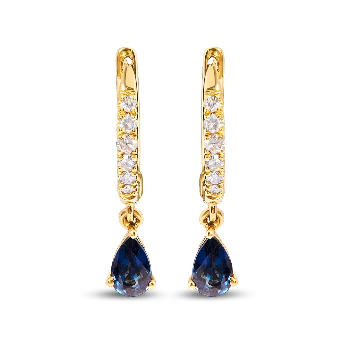 10K Yellow Gold Pear Blue Sapphire and 1/10 Cttw Diamond Drop and Dangle Huggy Hoop Earrings (H-I Color, I1-I2 Clarity) - Earrings - Custom Crafting Alliance, LLC