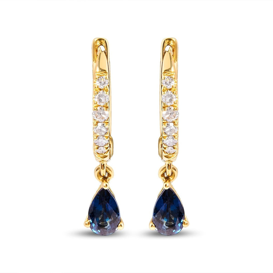 10K Yellow Gold Pear Blue Sapphire and 1/10 Cttw Diamond Drop and Dangle Huggy Hoop Earrings (H-I Color, I1-I2 Clarity) - Earrings - Custom Crafting Alliance, LLC