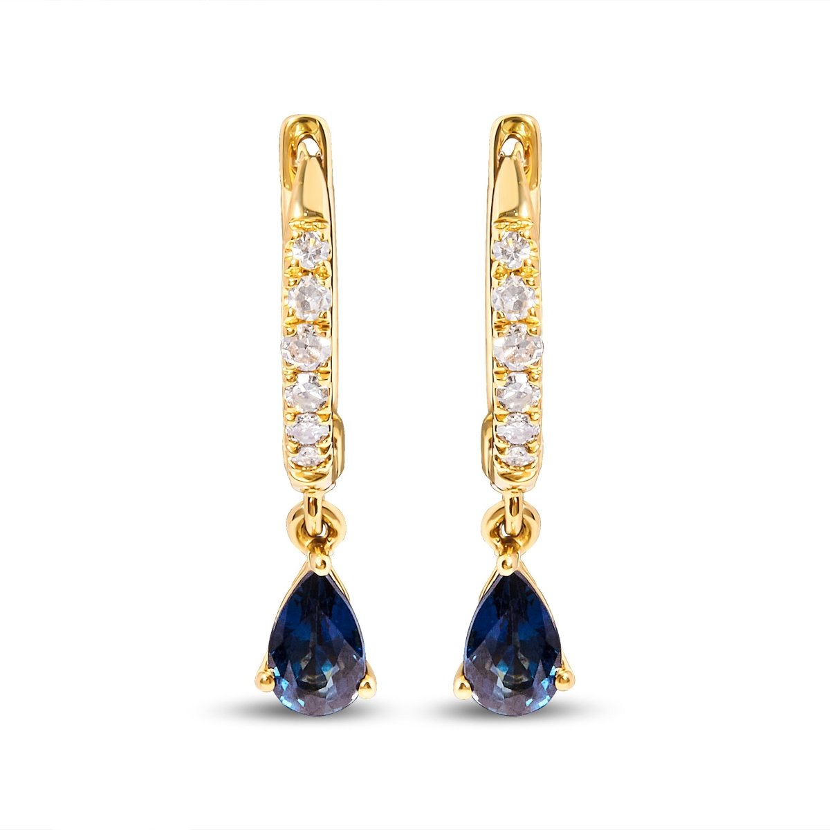 10K Yellow Gold Pear Blue Sapphire and 1/10 Cttw Diamond Drop and Dangle Huggy Hoop Earrings (H-I Color, I1-I2 Clarity) - Earrings - Custom Crafting Alliance, LLC