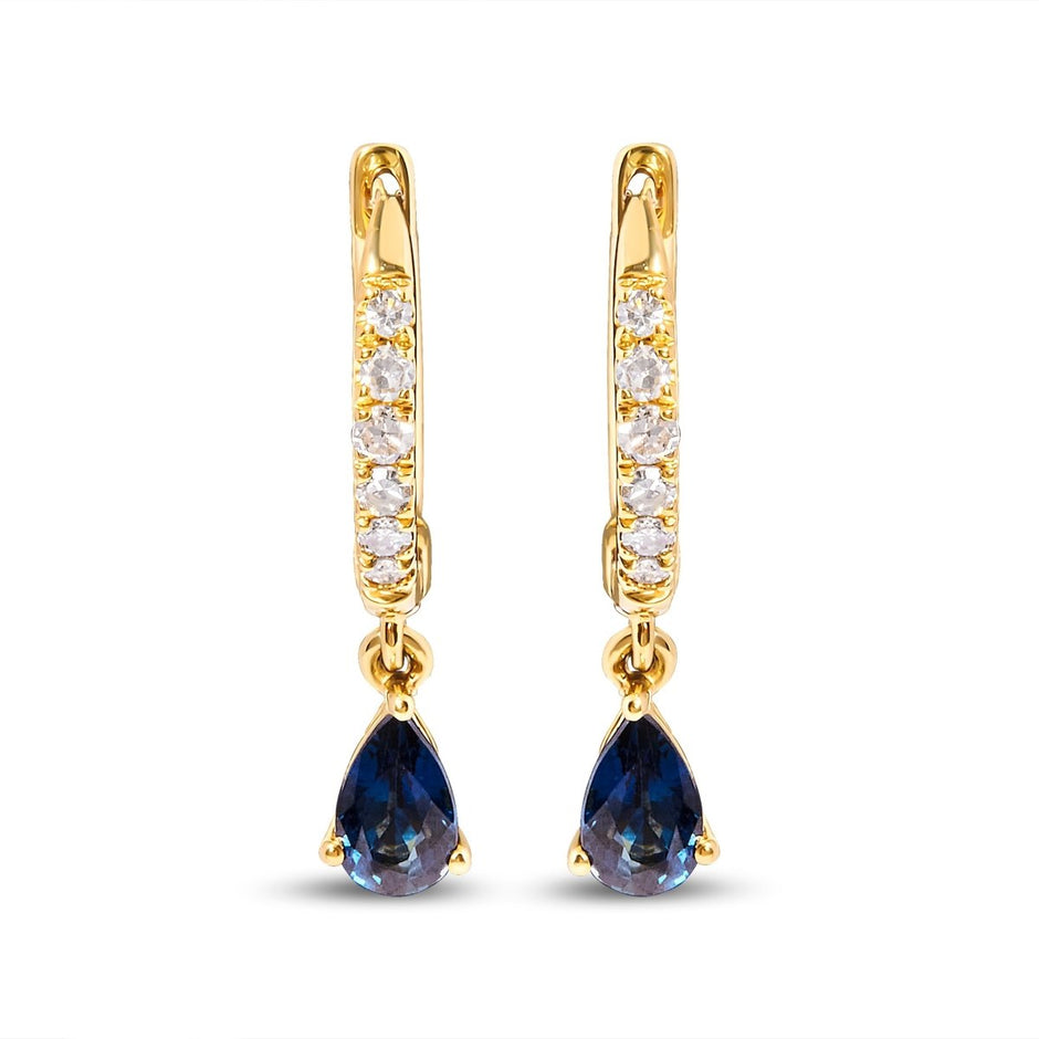 10K Yellow Gold Pear Blue Sapphire and 1/10 Cttw Diamond Drop and Dangle Huggy Hoop Earrings (H-I Color, I1-I2 Clarity) - Earrings - Custom Crafting Alliance, LLC
