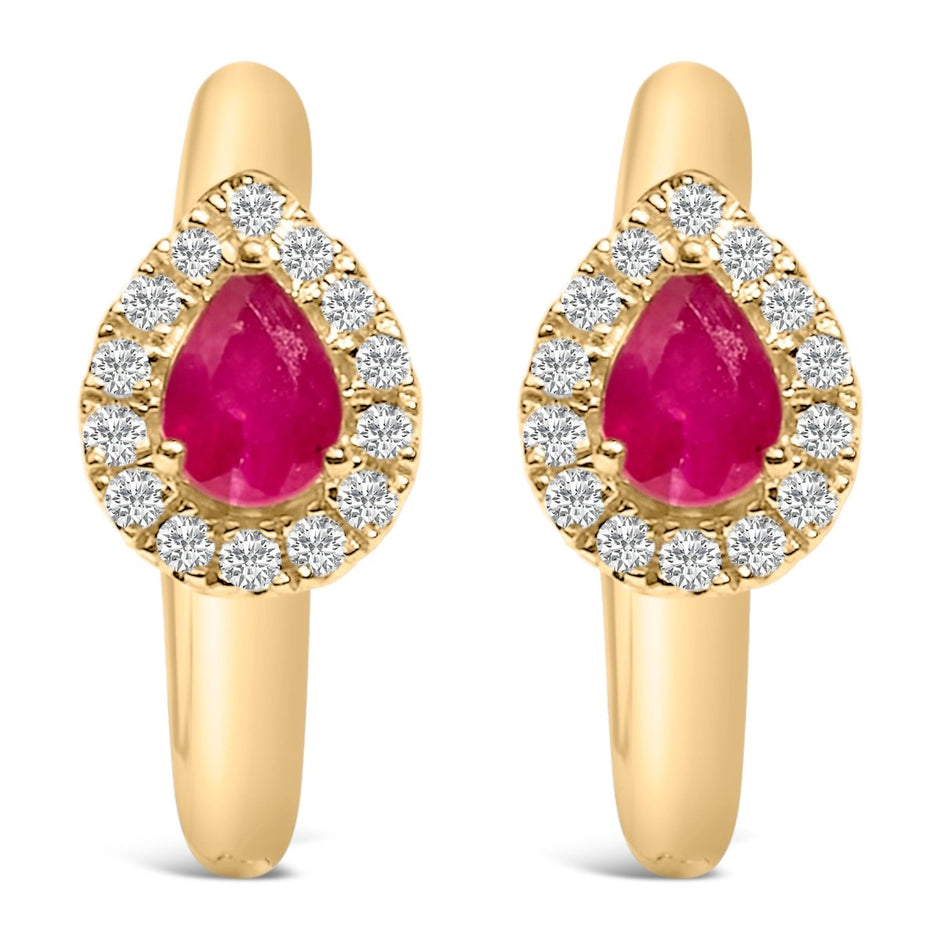 10K Yellow Gold Pear Cut Red Ruby 4x3 mm and 1/10 Cttw Round Diamond Huggy Earrings (I-J Color, I1-I2 Clarity) - Earrings - Custom Crafting Alliance, LLC