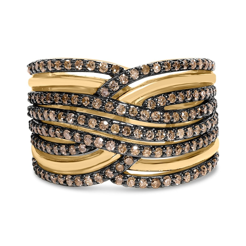 10K Yellow Gold Plated .925 Sterling Silver 1.0 Cttw Champagne Diamond Multi Row Cross Over Band Ring - Size 7 - Rings - Custom Crafting Alliance, LLC
