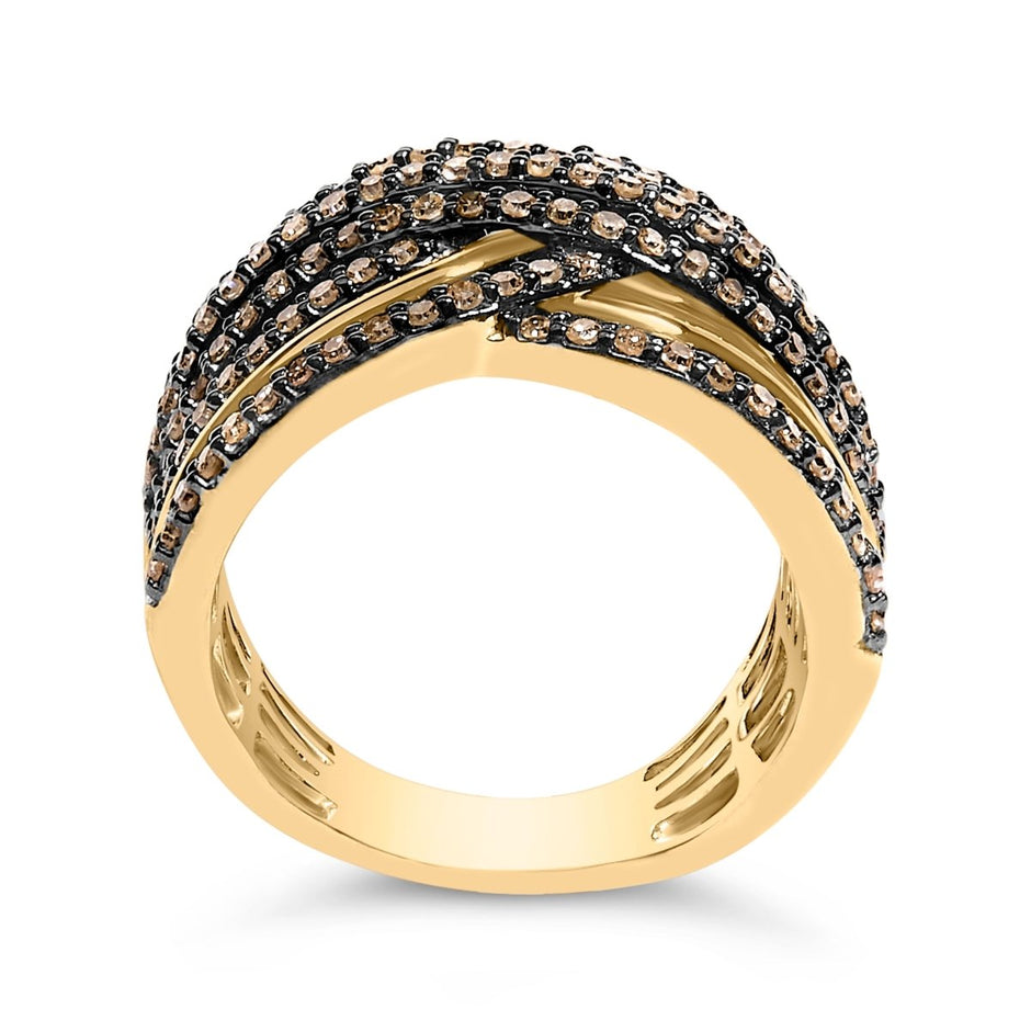 10K Yellow Gold Plated .925 Sterling Silver 1.0 Cttw Champagne Diamond Multi Row Cross Over Band Ring - Size 7 - Rings - Custom Crafting Alliance, LLC