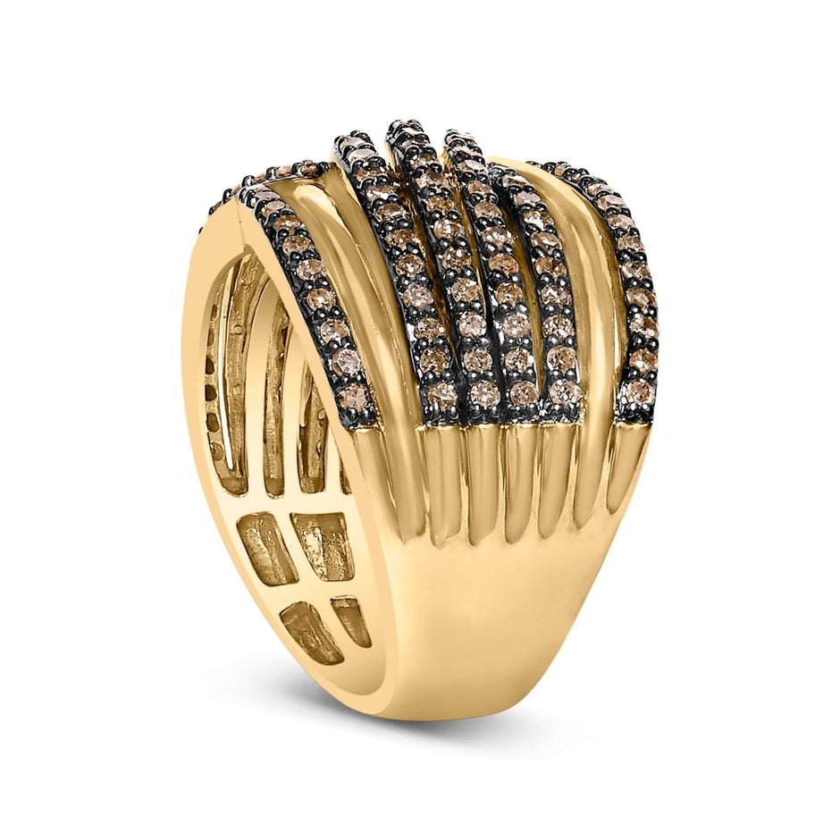 10K Yellow Gold Plated .925 Sterling Silver 1.0 Cttw Champagne Diamond Multi Row Cross Over Band Ring - Size 7 - Rings - Custom Crafting Alliance, LLC