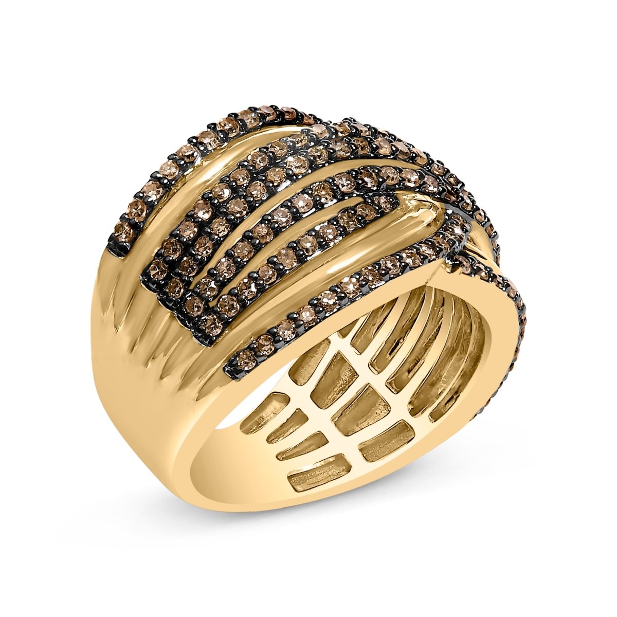 10K Yellow Gold Plated .925 Sterling Silver 1.0 Cttw Champagne Diamond Multi Row Cross Over Band Ring - Size 7 - Rings - Custom Crafting Alliance, LLC