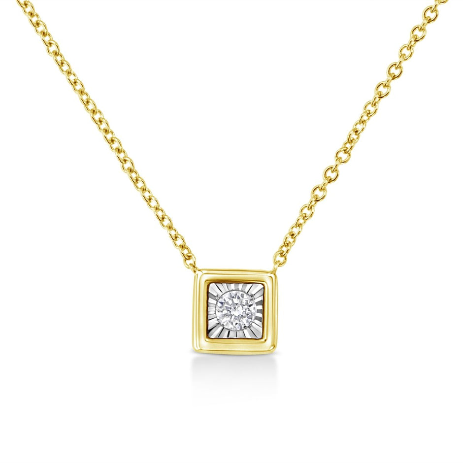 10K Yellow Gold Plated .925 Sterling Silver 1/10 Cttw Miracle Set Round Diamond Square Box Shape 18" Pendant Necklace (K-L Color, I2-I3 Clarity) - Necklaces - Custom Crafting Alliance, LLC