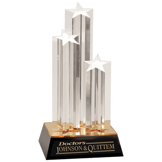 11 3/4 Clear Triple Star Column Premium Acrylic With Gold/Black Base - Award - Custom Crafting Alliance, LLC