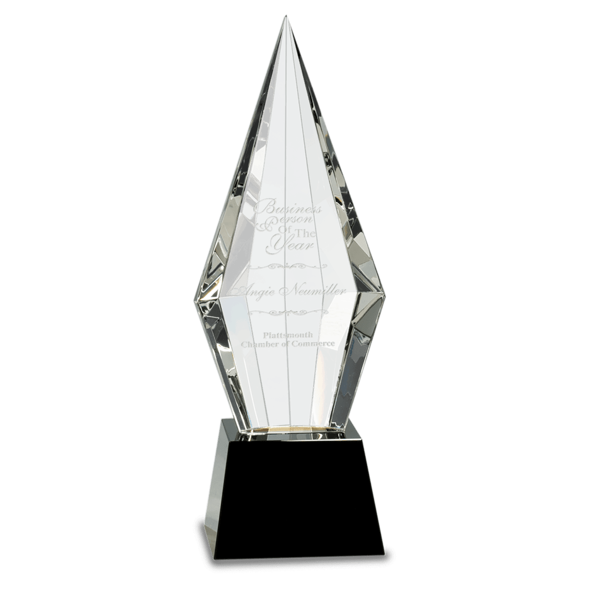 11 Obelisk Facet Optic Crystal On Black Pedestal Base - Award - Custom Crafting Alliance, LLC