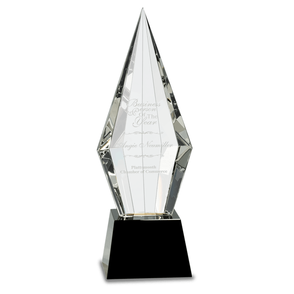 11 Obelisk Facet Optic Crystal On Black Pedestal Base - Award - Custom Crafting Alliance, LLC