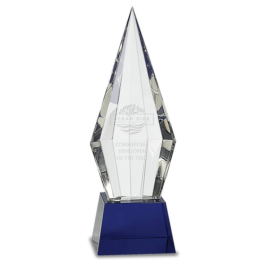 11 Obelisk Facet Optic Crystal On Blue Pedestal Base - Award - Custom Crafting Alliance, LLC