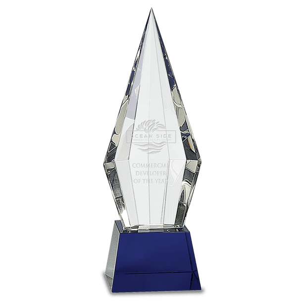 11 Obelisk Facet Optic Crystal On Blue Pedestal Base - Award - Custom Crafting Alliance, LLC