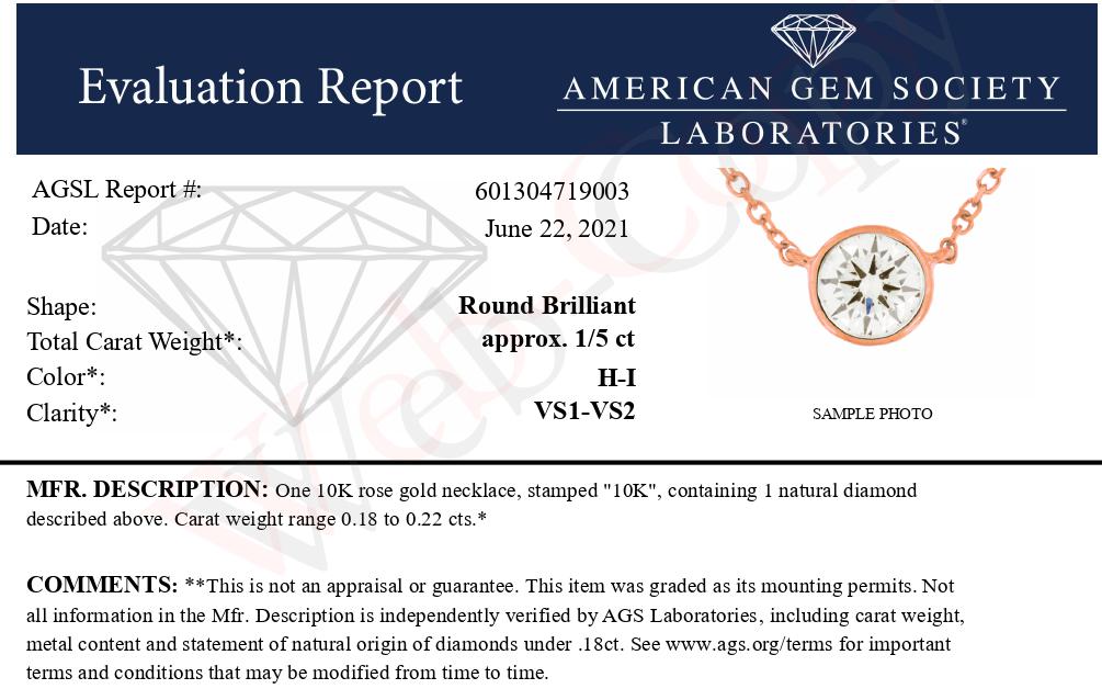 AGS Certified 10K Rose Gold 1/5 Cttw Bezel Set Round Diamond Solitaire 16-18