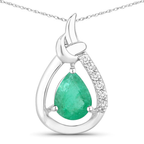 1.18 Carat Genuine Zambian Emerald and White Diamond 10K White Gold Pendant - Pendants - Custom Crafting Alliance, LLC