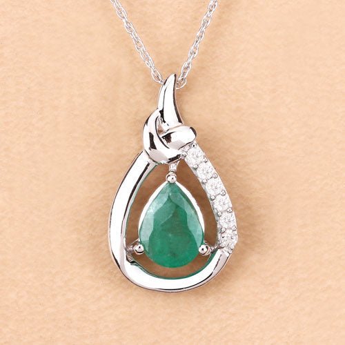 1.18 Carat Genuine Zambian Emerald and White Diamond 10K White Gold Pendant - Pendants - Custom Crafting Alliance, LLC
