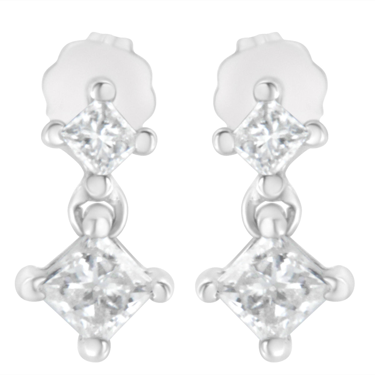 14K White Gold 3/4 cttw Double Diamond Princess-Cut Stud Earrings (I-J Clarity, I2-I3 Color)