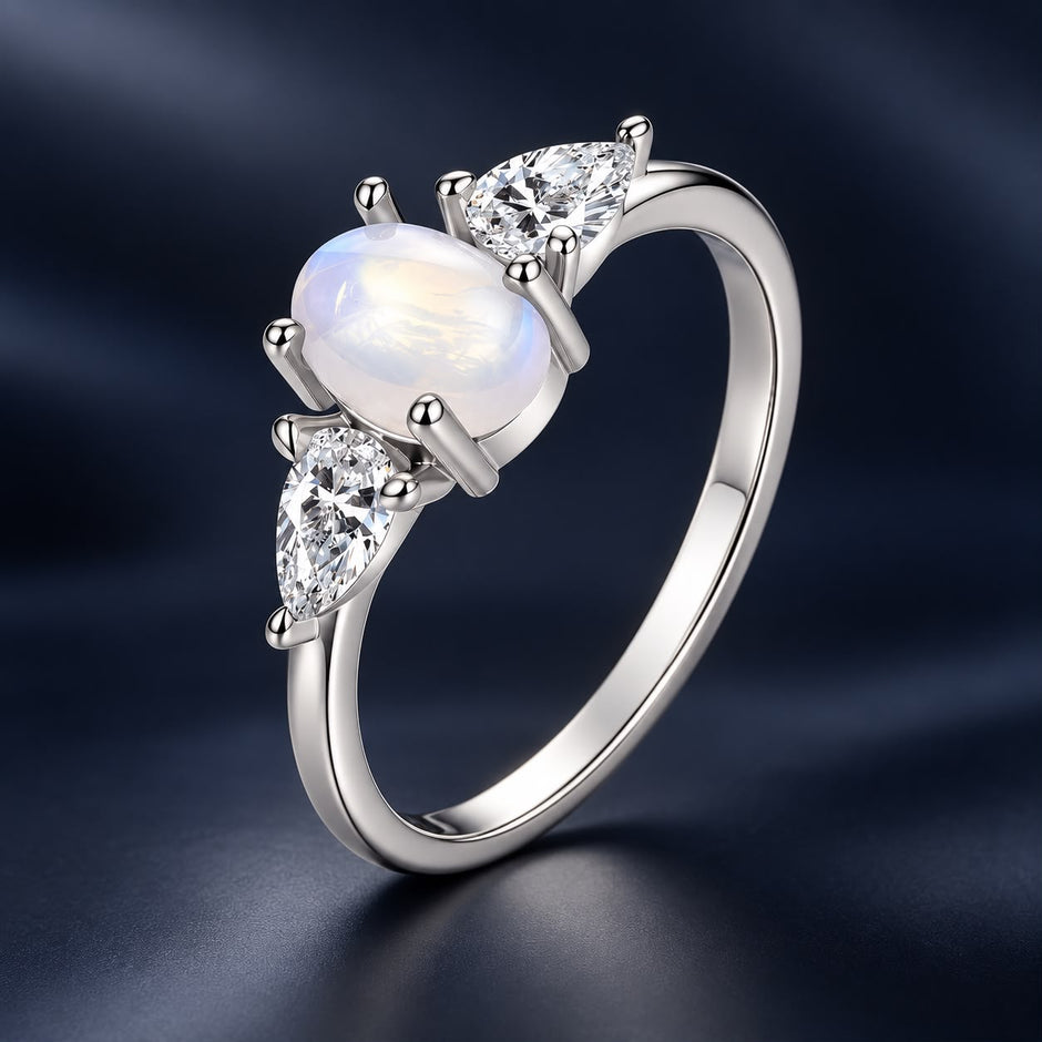 925 Sterling Silver White Gold Plated Natural Moonstone CZ Size 6 Ring for Women