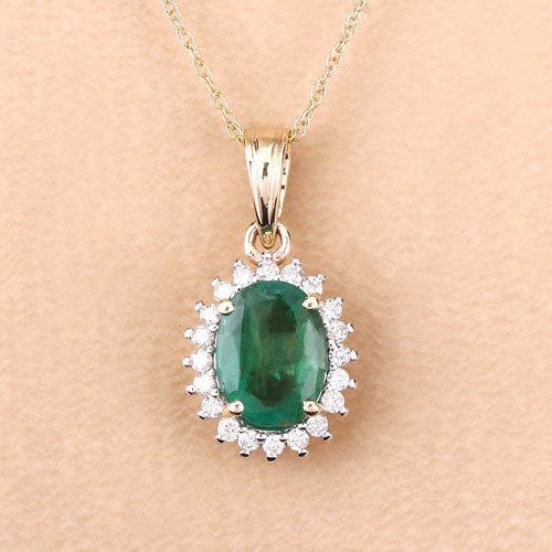 1.36 Carat Genuine Zambian Emerald and White Diamond 10K Yellow Gold Pendant - Pendants - Custom Crafting Alliance, LLC