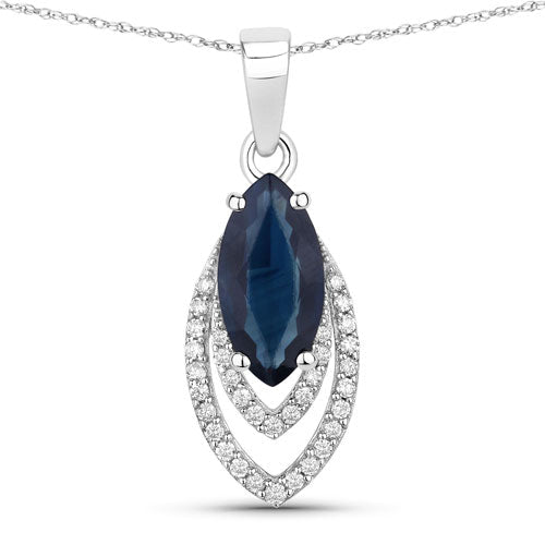 1.42 Carat Genuine Blue Sapphire and White Diamond 14K White Gold Pendant - Pendants - Custom Crafting Alliance, LLC