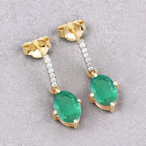 1.49 Carat Genuine Zambian Emerald and White Diamond 10K Yellow Gold Earrings - Earrings - Custom Crafting Alliance, LLC