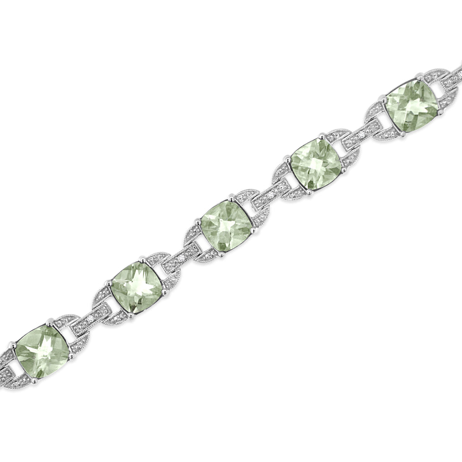 .925 Sterling Silver 7x7 mm Cushion Cut Green Amethyst and 1/20 cttw Round Cut Diamond Fashion Tennis Bracelet (I-J Color, I1-I2 Clarity) - 7