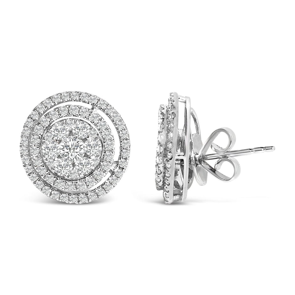 14K Gold 1 3/8 Cttw Diamond Cluster and Double Halo Stud Earring (G-H Color, SI1-SI2 Clarity) - Earrings - Custom Crafting Alliance, LLC