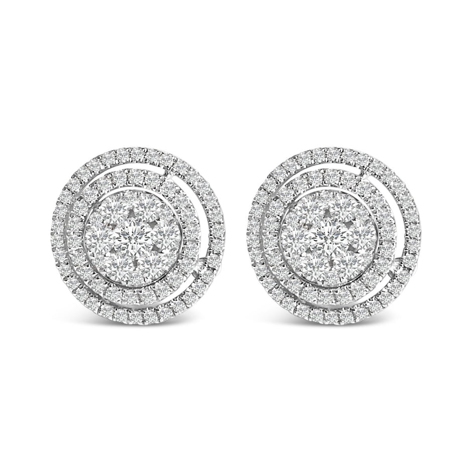14K Gold 1 3/8 Cttw Diamond Cluster and Double Halo Stud Earring (G-H Color, SI1-SI2 Clarity) - Earrings - Custom Crafting Alliance, LLC