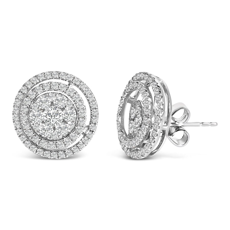 14K Gold 1 3/8 Cttw Diamond Cluster and Double Halo Stud Earring (G-H Color, SI1-SI2 Clarity) - Earrings - Custom Crafting Alliance, LLC