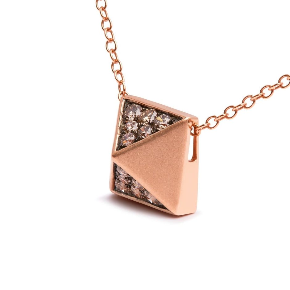 14K Rose Gold 1/4 Cttw Brown Diamond Matte Finished Pyramid Pendant Necklace (Brown Color, SI1-SI2 Clarity) - 18