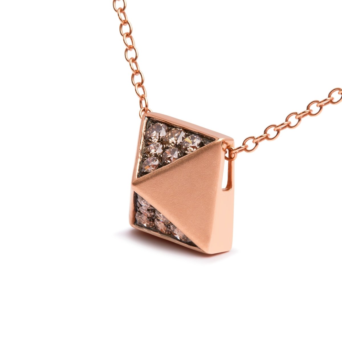 14K Rose Gold 1/4 Cttw Brown Diamond Matte Finished Pyramid Pendant Necklace (Brown Color, SI1-SI2 Clarity) - 18