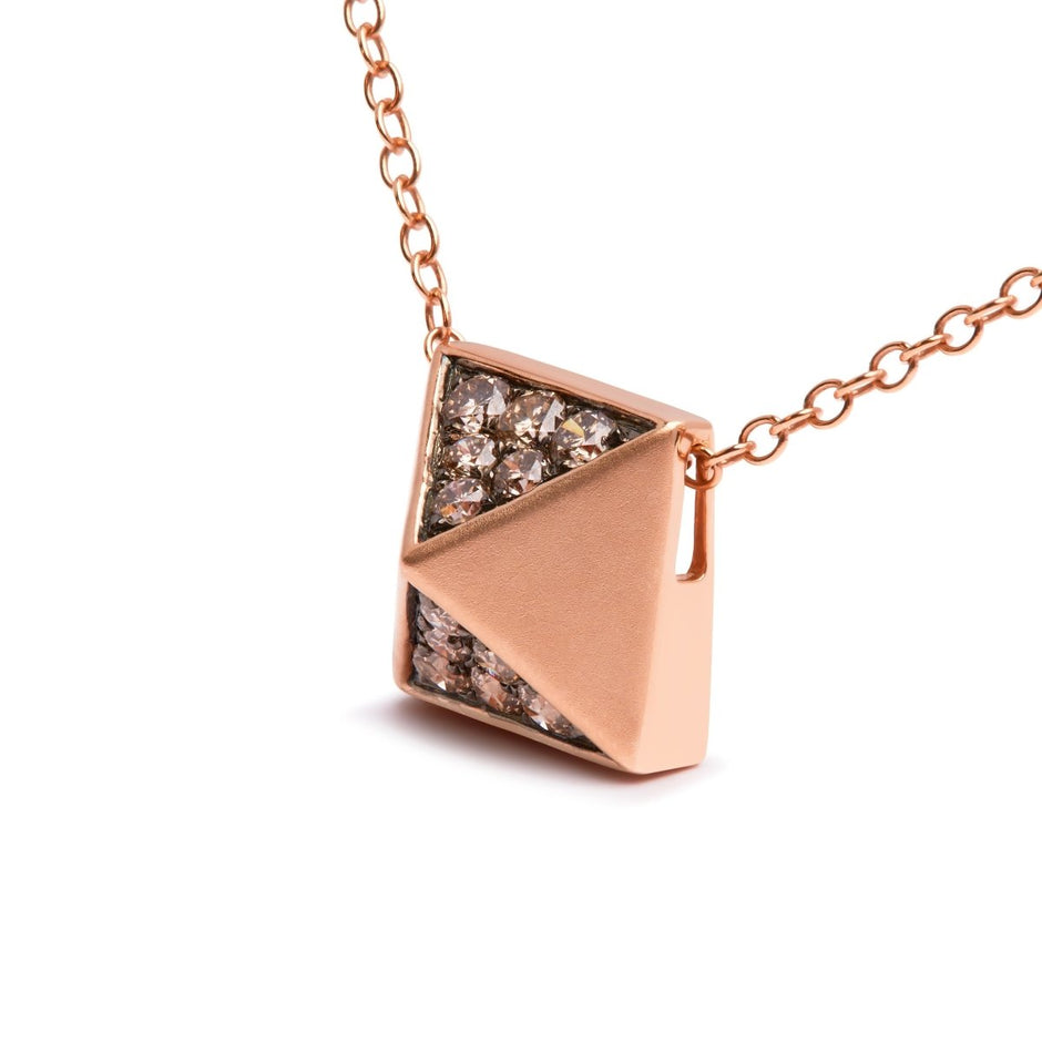 14K Rose Gold 1/4 Cttw Brown Diamond Matte Finished Pyramid Pendant Necklace (Brown Color, SI1-SI2 Clarity) - 18