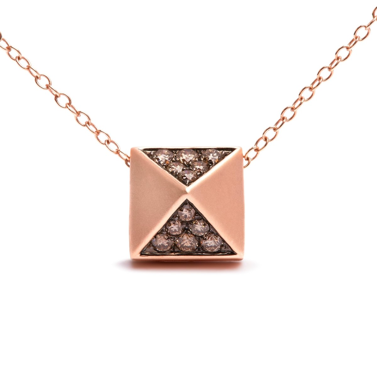 14K Rose Gold 1/4 Cttw Brown Diamond Matte Finished Pyramid Pendant Necklace (Brown Color, SI1-SI2 Clarity) - 18