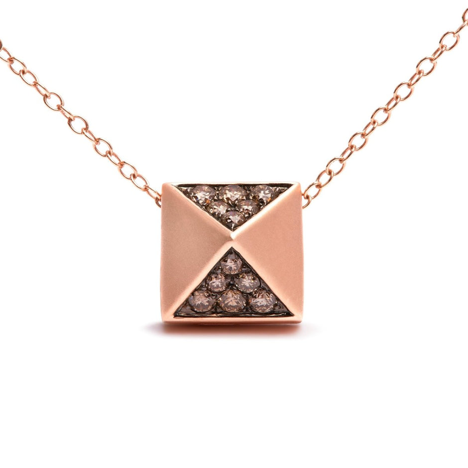 14K Rose Gold 1/4 Cttw Brown Diamond Matte Finished Pyramid Pendant Necklace (Brown Color, SI1-SI2 Clarity) - 18