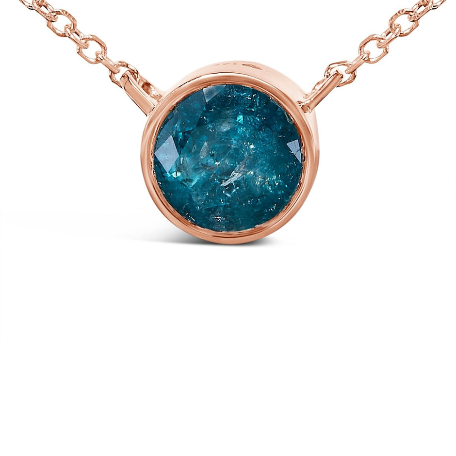 14K Rose Gold 2.0 Cttw Bezel Set Blue Diamond Solitaire Pendant Necklace - 18