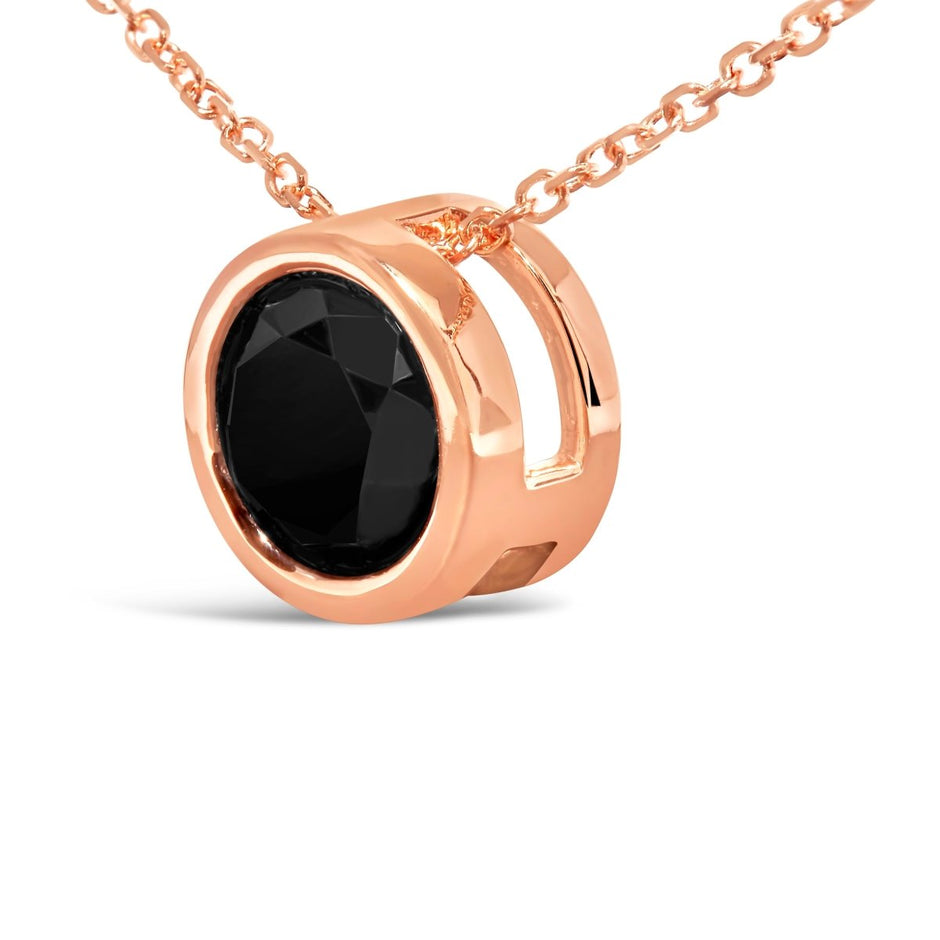 14K Rose Gold 3 1/2 Cttw Bezel-Set Black Round Diamond Solitaire Pendant Necklace (Black Color, I2-I3 Clarity) - 18