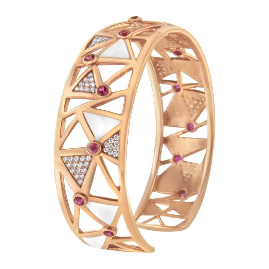 14K Rose Gold 5/8 Cttw Diamond with Pink Tourmaline Open Cuff Bangle with White Enamel (G-H Color, SI1-SI2 Clarity) - 7