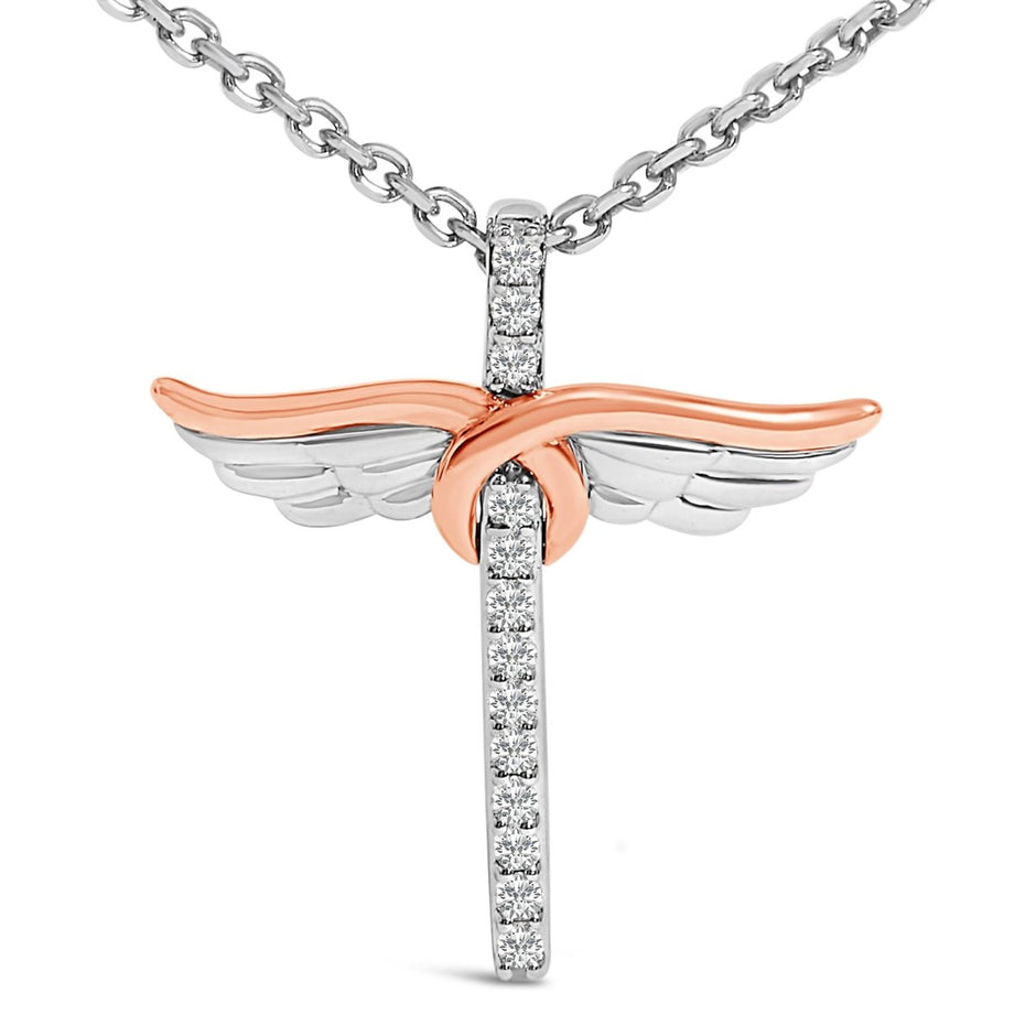 14K Rose Gold Plated Sterling Silver 1/5 Cttw Diamond Wing Cross Pendant Necklace - Necklaces - Custom Crafting Alliance, LLC