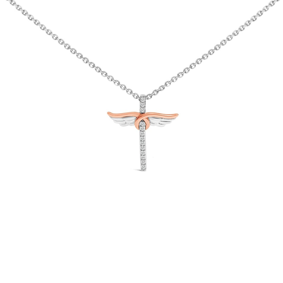 14K Rose Gold Plated Sterling Silver 1/5 Cttw Diamond Wing Cross Pendant Necklace - Necklaces - Custom Crafting Alliance, LLC
