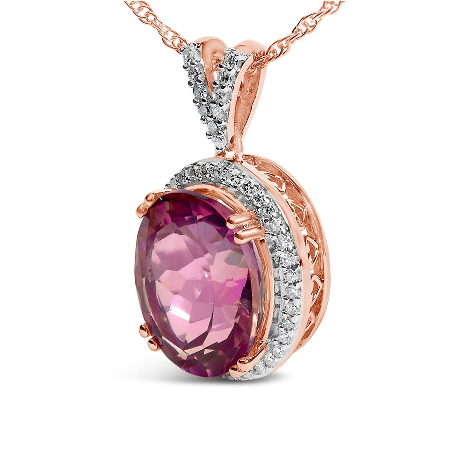 14K Rose Gold Vermeil Sterling Silver 1/5 Cttw Diamond Pink Quartz Oval Pendant Necklace - Necklaces - Custom Crafting Alliance, LLC