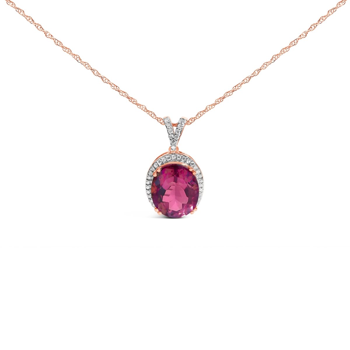 14K Rose Gold Vermeil Sterling Silver 1/5 Cttw Diamond Pink Quartz Oval Pendant Necklace - Necklaces - Custom Crafting Alliance, LLC